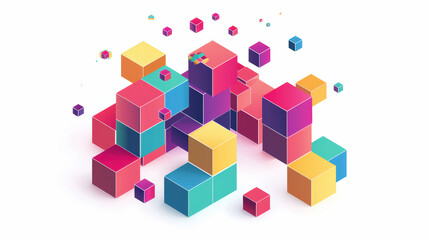 Colorful geometric shapes create vibrant and dynamic composition, showcasing mix of cubes in various sizes and colors. This abstract design evokes creativity and modernity
