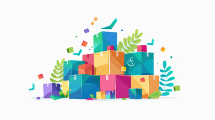 Fototapeta premium Colorful stacked boxes with vibrant geometric shapes and leaves create lively and playful atmosphere, perfect for conveying creativity and organization