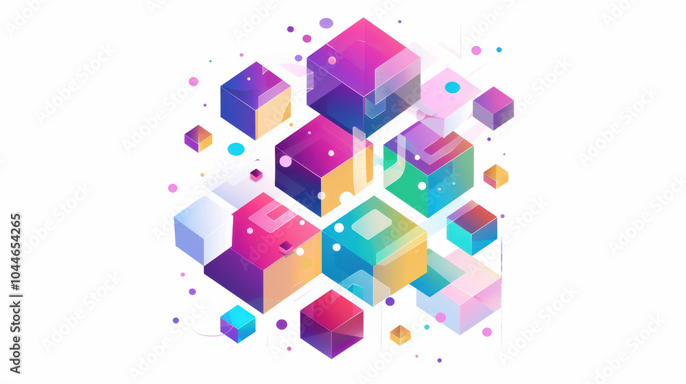 Poster colorful geometric shapes create vibrant abstract design, featuring cubes and circles in various sha