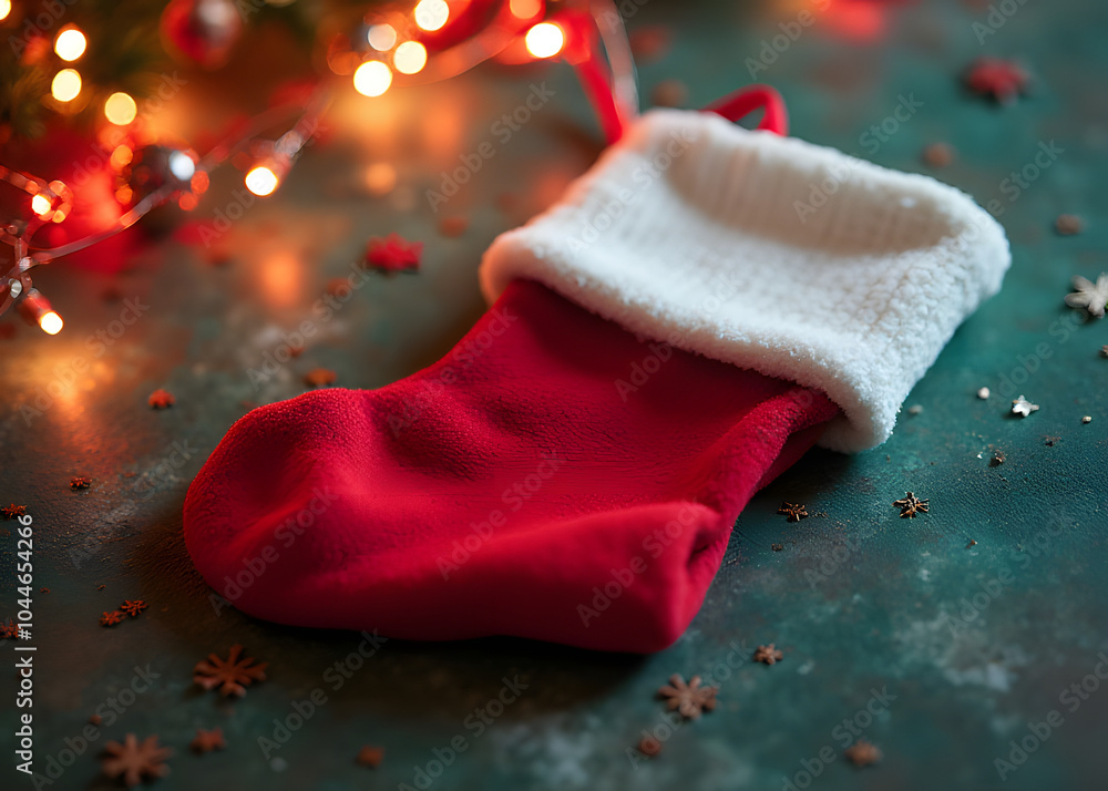 Leinwandbilder A red sock is visible on a colorful Christmas background with empty space around it when viewed from directly above.