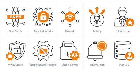 A set of 10 gdpr icons as gdpr circuit, technical security, network