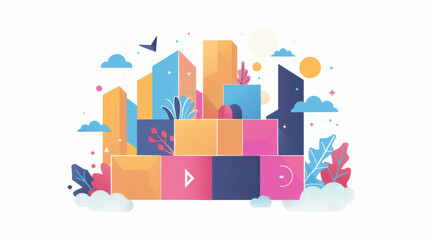 Naklejka premium Colorful geometric shapes and abstract elements create vibrant and playful scene, featuring buildings, plants, and clouds, evoking sense of creativity and imagination