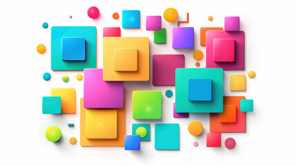 Colorful geometric shapes create vibrant and playful composition, featuring squares, rectangles, and circles in various sizes and hues. This lively arrangement evokes sense of creativity and fun