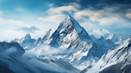 Landscape of mountain peaks summits with snow capped with cloudy