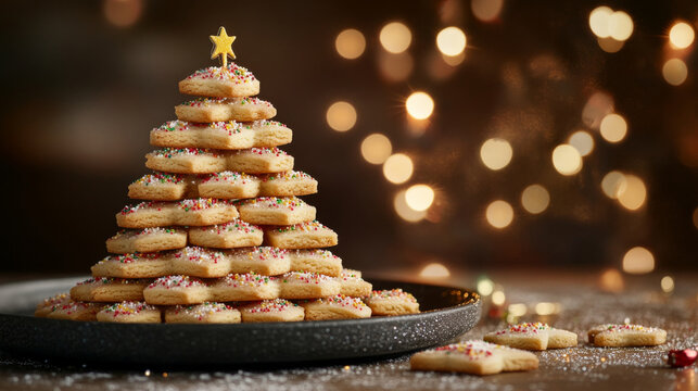 Festive Christmas cookies platter in Christmas tree shape on a table with christmas lights and sparks in background