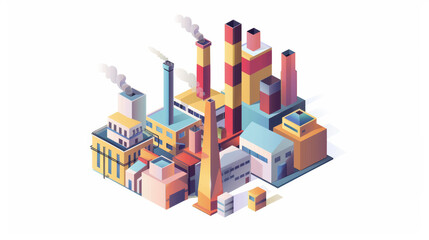 Obraz premium Modern industrial complex with colorful buildings and smokestacks, showcasing vibrant factory environment. scene captures essence of manufacturing and production