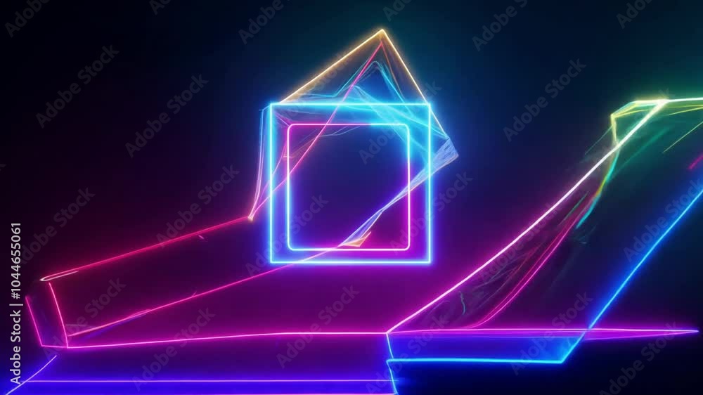 Poster abstract neon lines create a vibrant square shape against a dark background, showcasing a colorful d