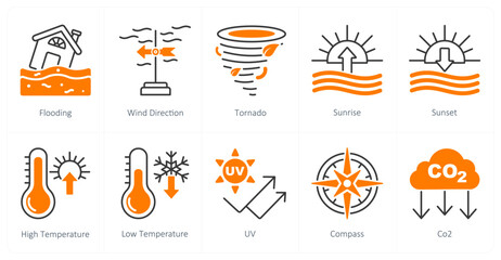 A set of 10 weather icons as flooding, wind direction, tornado