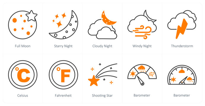 A set of 10 weather icons as full moon, starry night, cloudy night