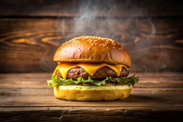 Symmetrical hamburger with cheddar cream and brioche bun on wooden table