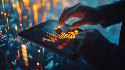 The businessman's hands are holding a tablet on which dynamic graphs and analytical materials are displayed