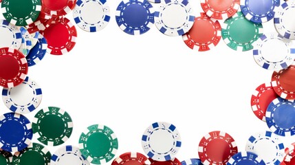 Colorful poker chips arranged in a frame on a white background