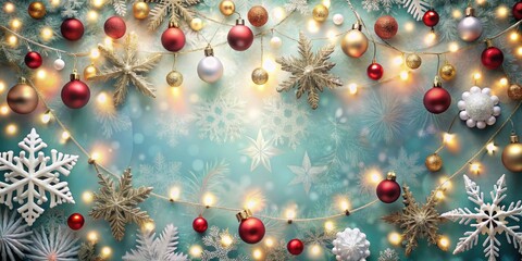 Fototapeta premium Festive holiday background card with snowflakes, ornaments, and twinkling lights, holiday, background, card
