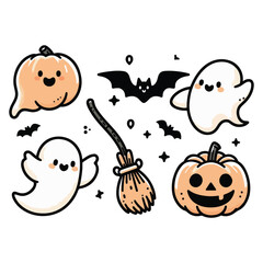 Happy Halloween Day element background vector. Cute collection of spooky ghost, pumpkin, bat, skull, candle. Adorable halloween festival illustration elements for decoration, prints.
