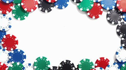 Colorful poker chips arranged in a frame on a white background