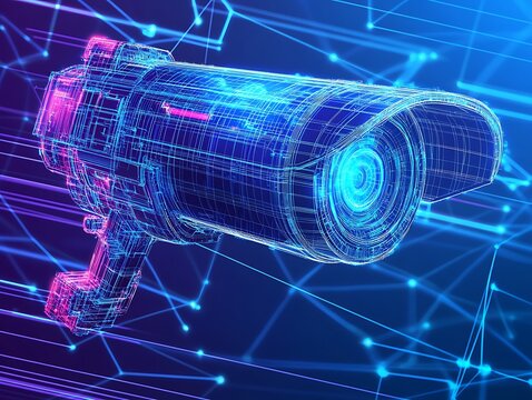 Digital design of security cameras with blue neon lights, digitally technological design, modern blue camera design