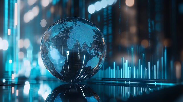 Planet earth design with glass as a blue sphere with background of blue graphs and lines, defocused background, concept of business and global trading