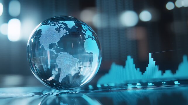 Planet earth design with glass as a blue sphere with background of blue graphs and lines, defocused background, concept of business and global trading