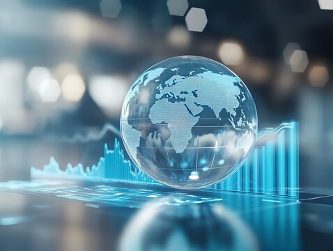 Planet earth design with glass as a blue sphere with background of blue graphs and lines, defocused background, concept of business and global trading