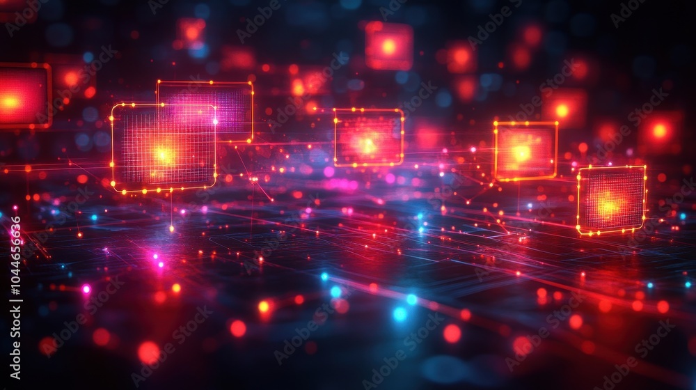 Poster abstract digital landscape with glowing nodes and connections.