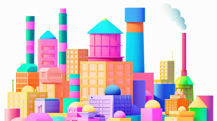 Fototapeta premium Colorful geometric buildings create vibrant cityscape, showcasing playful blend of shapes and colors. This imaginative urban scene evokes sense of creativity and joy