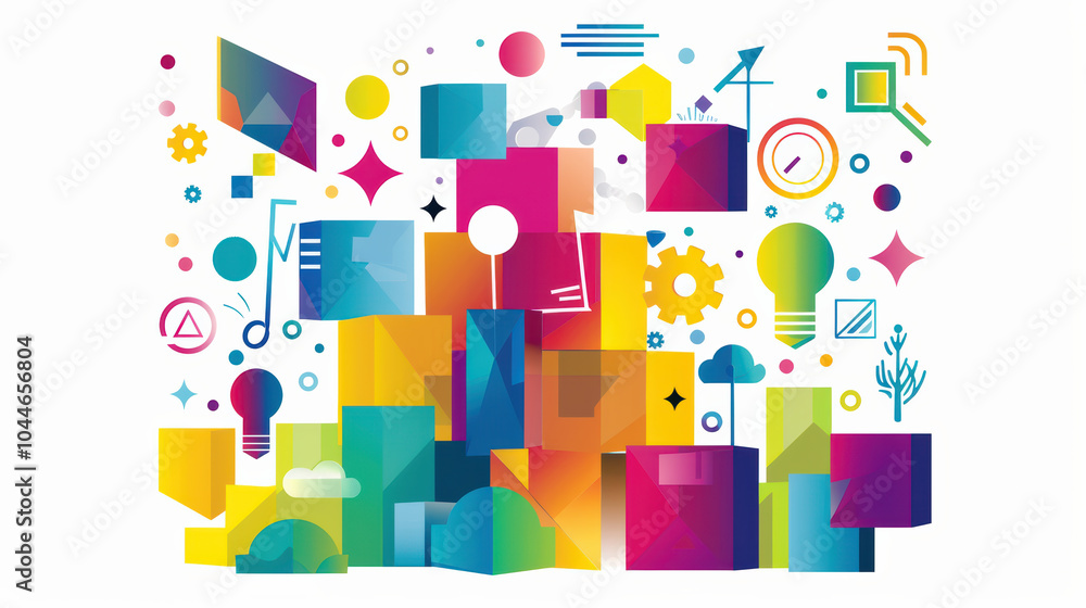 Poster colorful abstract shapes and icons create vibrant and dynamic composition, symbolizing creativity an