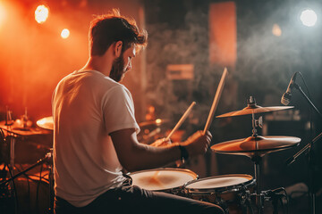 A man is playing drums in a dark room with a red light in the background