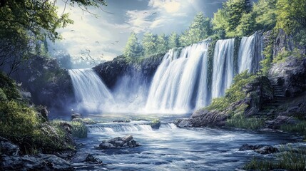Fototapeta premium Cascading Serenity: A Tranquil Waterfall in Nature's Embrace