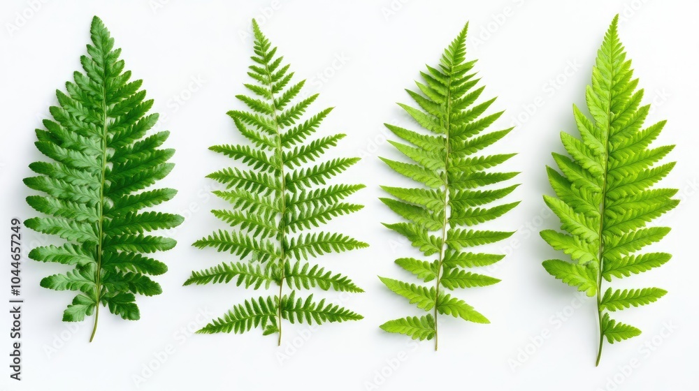 Poster four distinct green fern leaves are arranged neatly on a white surface generative ai