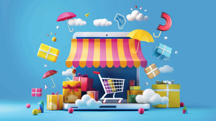 vibrant online shopping scene featuring laptop with colorful storefront, surrounded by gifts, umbrellas, and playful elements, evoking sense of excitement and joy