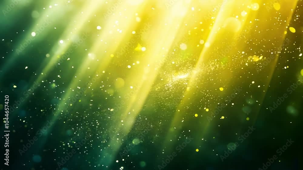 Poster a beautiful display of shimmering golden and green light beams filtering through darkness, creating 