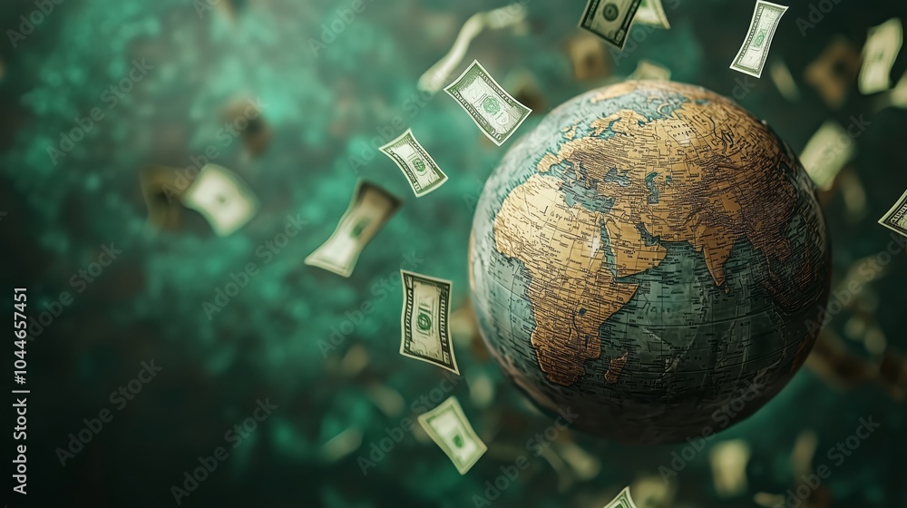 Poster 3d globe with currency symbols floating around
