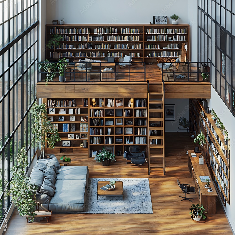 Aufkleber 3d render of home library with tall builtin bookshelves rolling ladder and cozy reading alcove top v