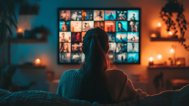 a young woman watching TV, choosing between many items on stream, female with ling hair sitting in front of a monitor wide large screen 