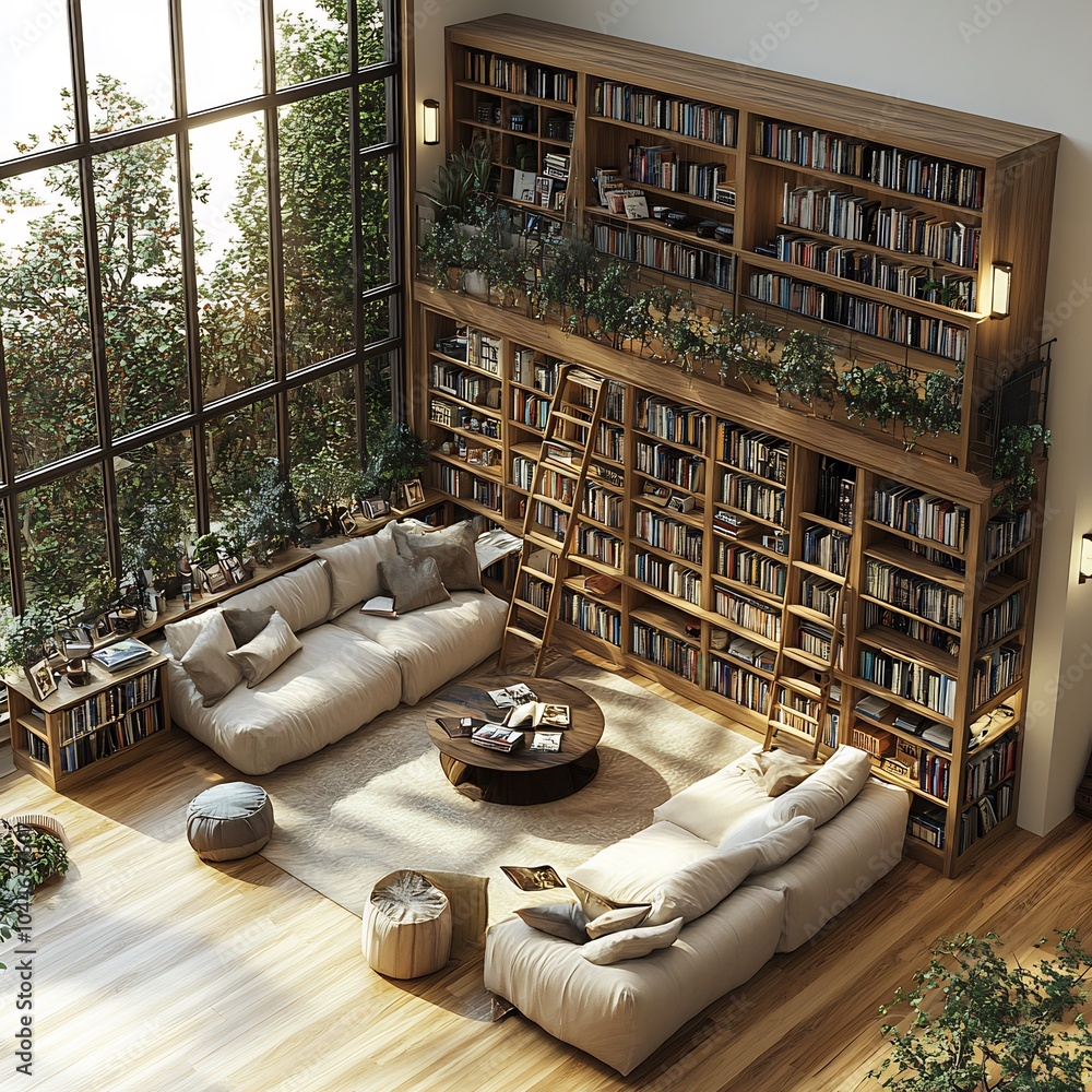 Poster 3d render of home library with tall builtin bookshelves rolling ladder and cozy reading alcove top v