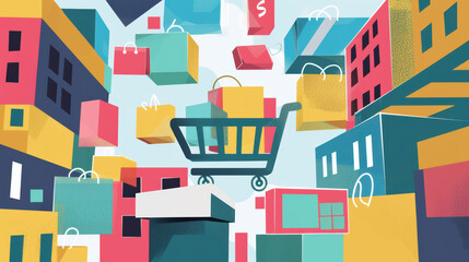 Fototapeta premium Shopping cart graphic with colorful shopping bags floating among buildings, representing urban shopping and consumerism. vibrant colors evoke sense of excitement and activity in bustling city