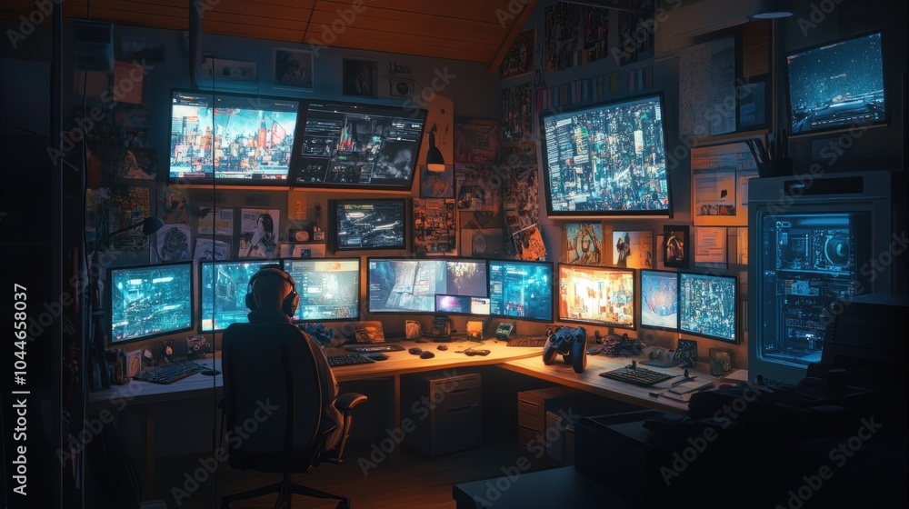 Poster a gamer sits in a dark room with multiple monitors displaying futuristic content.