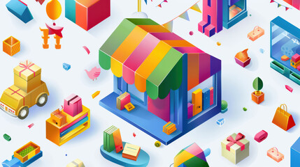 vibrant and colorful illustration of shop surrounded by various playful items, including gifts, boxes, and toys, creating cheerful atmosphere