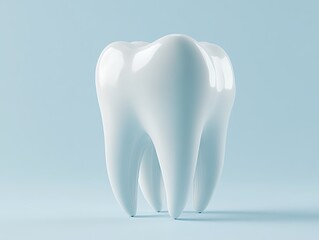 A single white tooth, dental healthcare concept, light colored bright background with shiny tooth in foreground