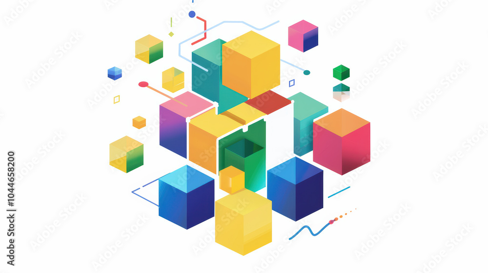 Poster colorful geometric shapes create vibrant and dynamic composition, showcasing blend of cubes and abst