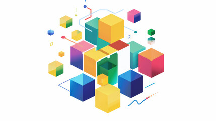 Colorful geometric shapes create vibrant and dynamic composition, showcasing blend of cubes and abstract lines that evoke sense of creativity and innovation