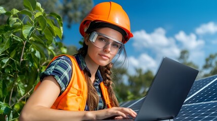 Portrait of a female solar energy technician wearing safety gear and checking solar panel data on her laptop at a power station  She is working in the renewable energy industry