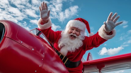 Cheerful Santa Claus in a traditional red suit waves joyfully from a festive red airplane, expressing surprise and excitement. The bright playful fun spirit of the holiday season. Merry Christmas