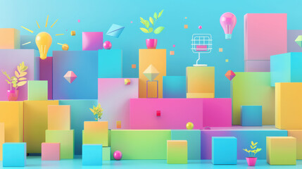 Bright and colorful geometric shapes create vibrant and playful scene, featuring plants, light bulbs, and decorative elements that evoke creativity and joy
