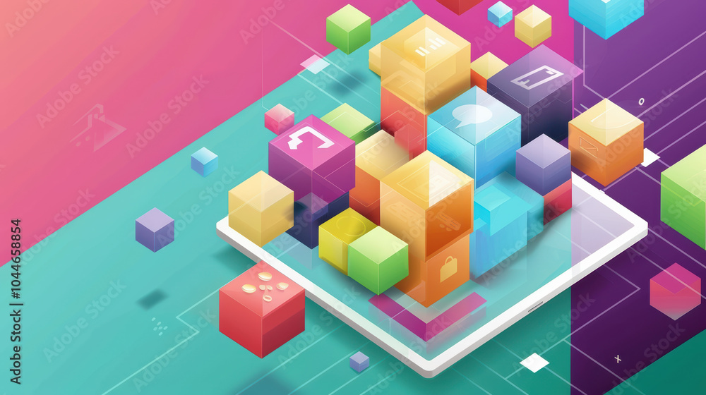 Poster digital technology and colorful cubes represent data and connectivity in vibrant design. this abstra