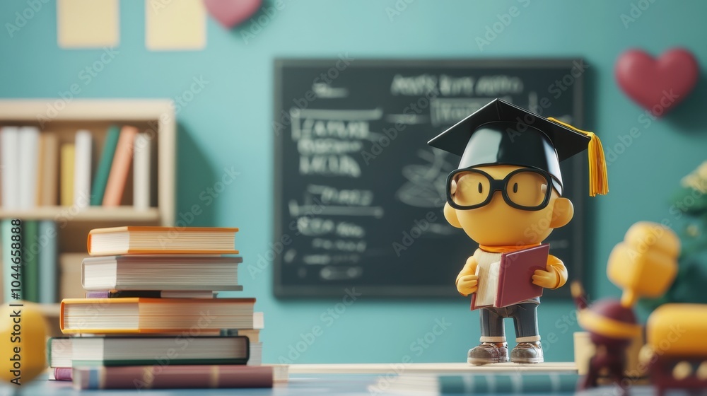 Poster a cheerful little character wearing glasses and a graduation cap holds a book in a colorful classroo