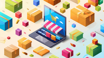 Fototapeta premium vibrant digital illustration depicting online shopping scene with laptop displaying shopping cart, surrounded by colorful gift boxes and packages, evoking sense of excitement and convenience in e