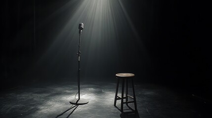 A single microphone standing on the scene with spotlight on the stage in dark, a little wooden bench is next to the microphone stand