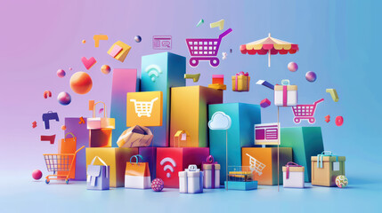 Colorful shopping boxes and icons create vibrant scene representing online shopping and e commerce. playful arrangement evokes excitement and convenience in modern retail