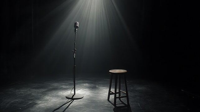 A single microphone standing on the scene with spotlight on the stage in dark, a little wooden bench is next to the microphone stand